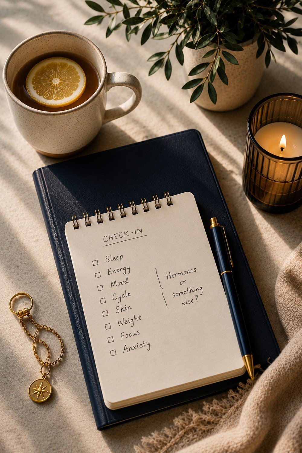 Handwritten perimenopause symptom check-in list on a notepad beside a mug and a glass of water