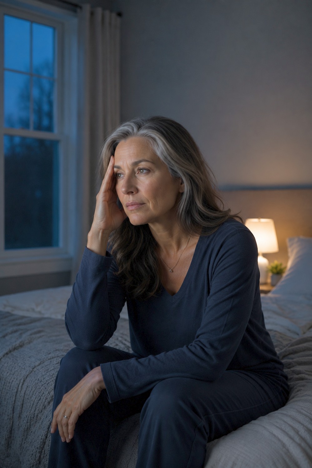 Woman awake at night experiencing midlife anxiety linked to the menopause transition