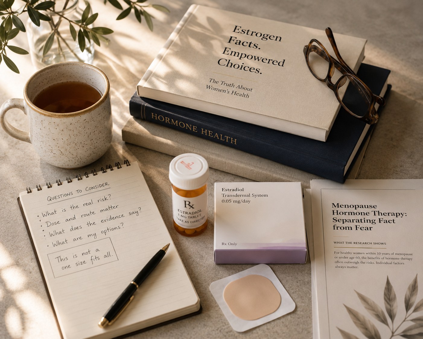 Hormone therapy books, a notepad of questions to ask, estradiol tablets and a transdermal estradiol patch on a sunlit table