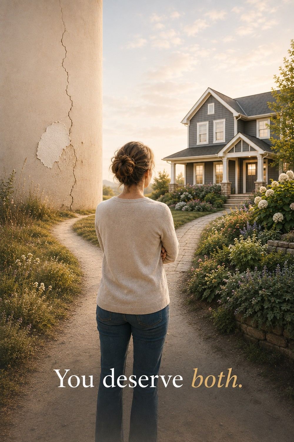Woman standing where a neglected path and a well-tended path to a warmly lit house divide