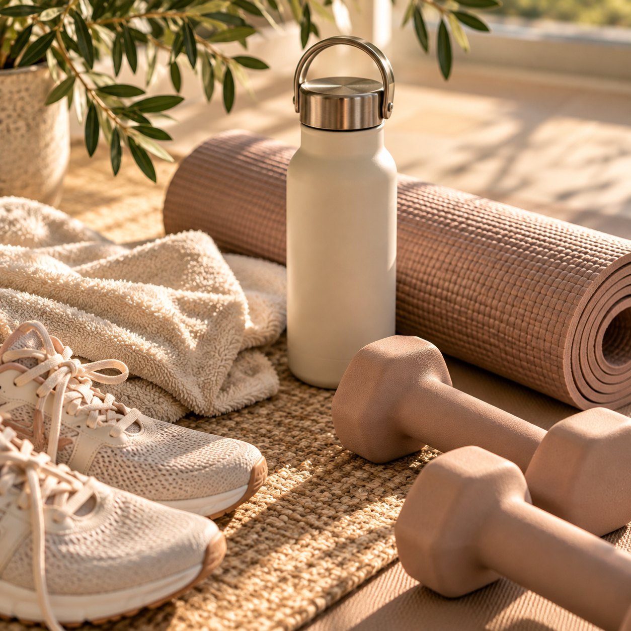 Cream sneakers, a folded towel, a water bottle, a rolled yoga mat, and light dumbbells on a sunlit woven rug