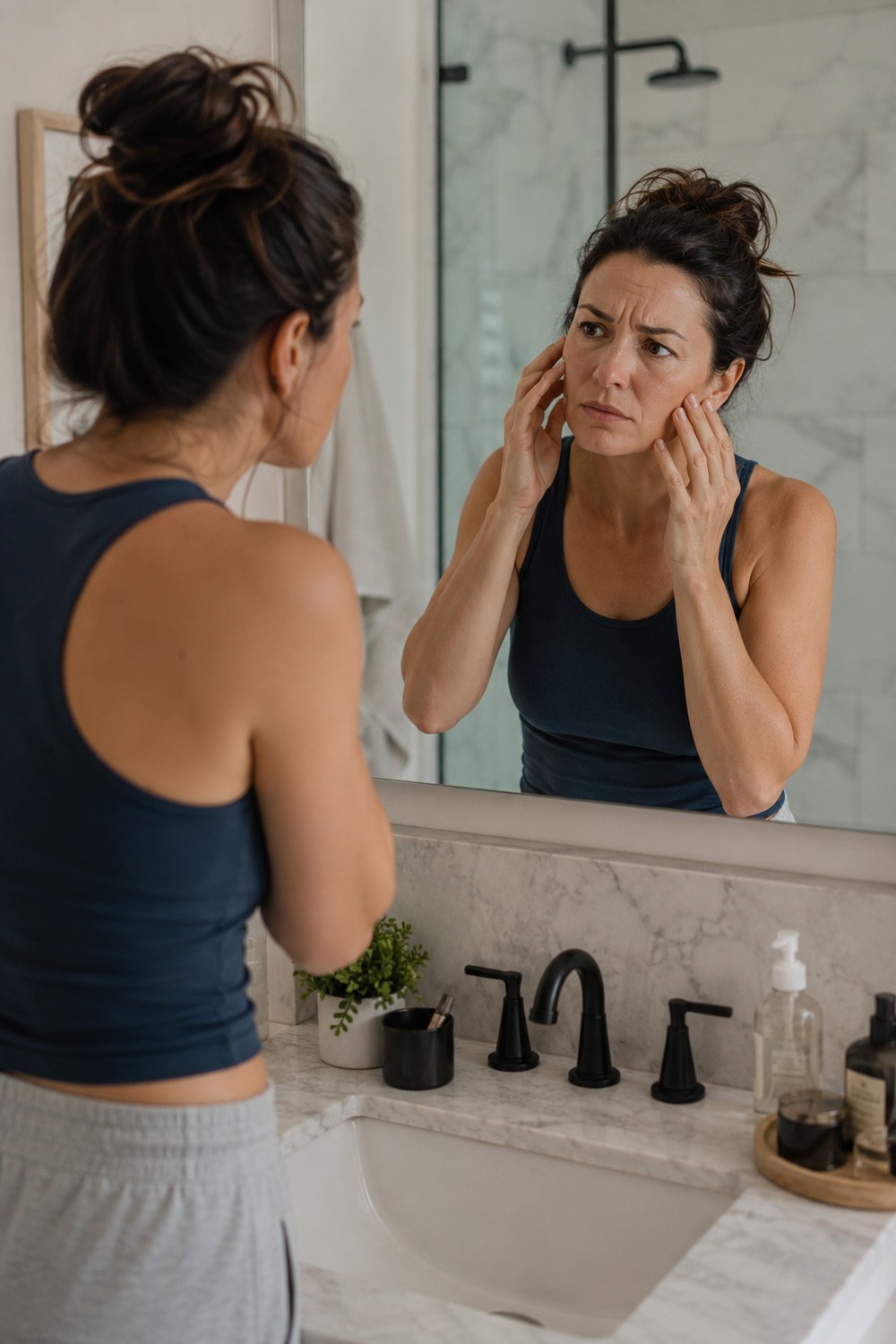 Woman in midlife studying her reflection in a bathroom mirror, noticing changes in her face